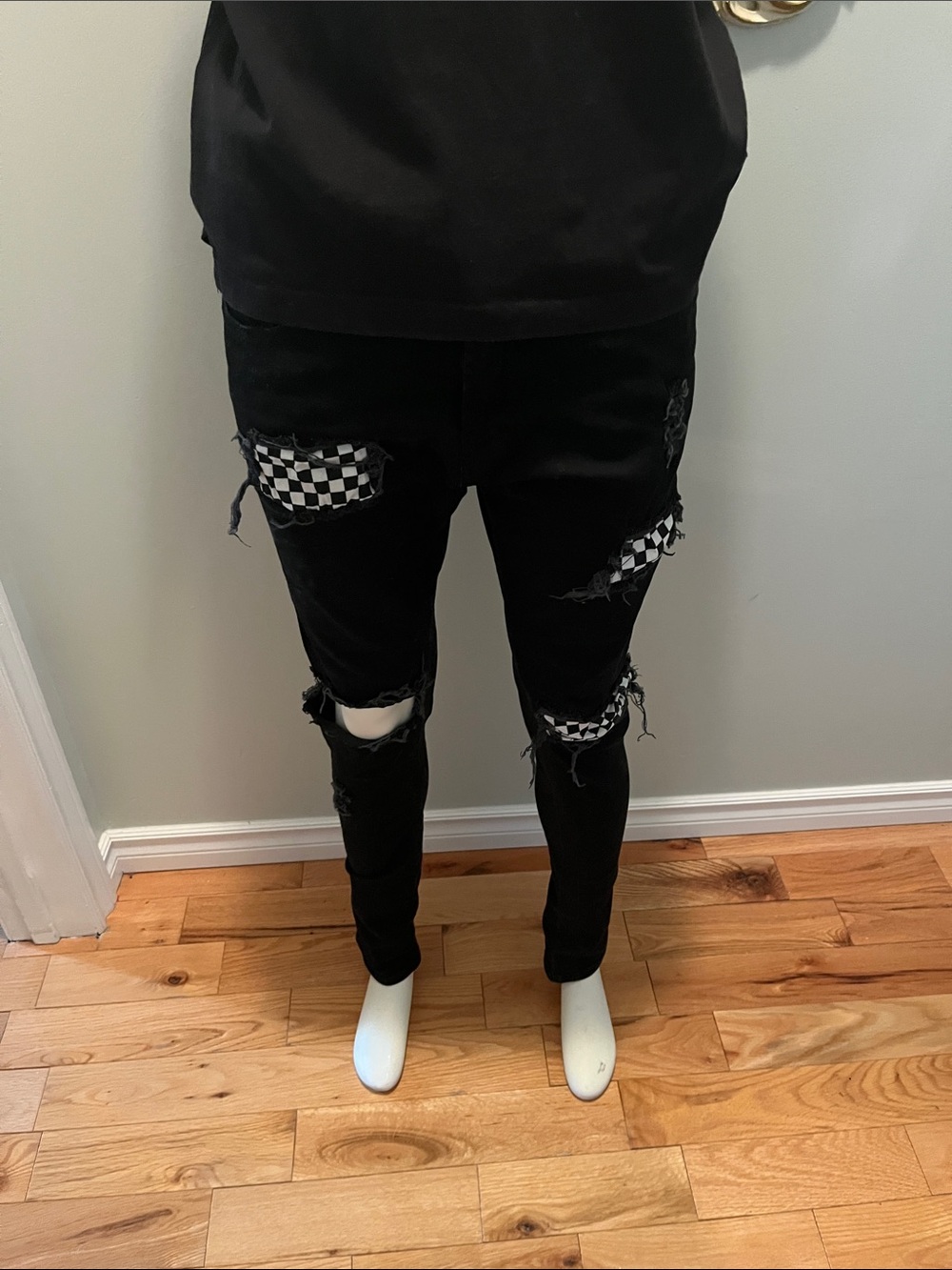 Black Ripped Skinny Jeans with Checker Patch